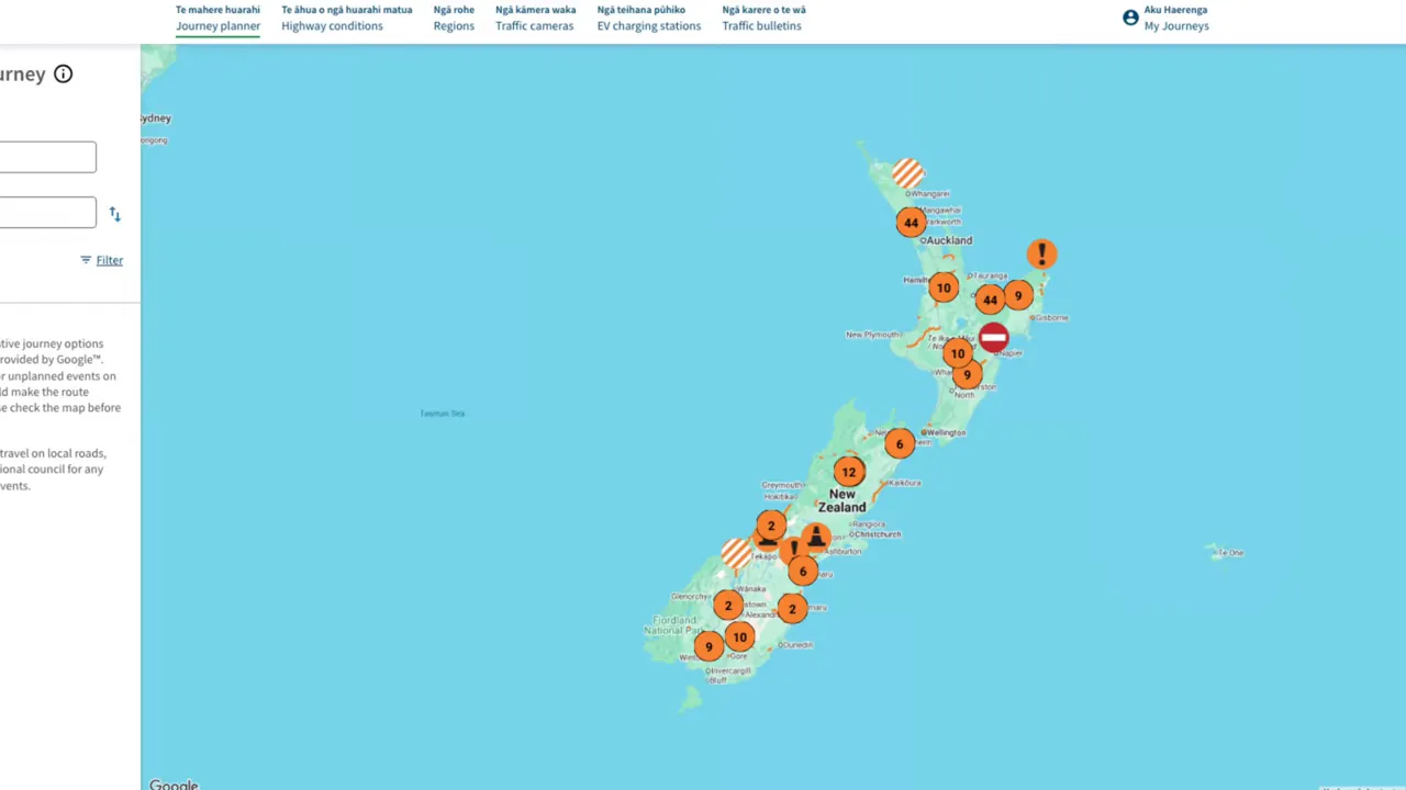 New Zealand road map with colored incident markers and a journey planning sidebar