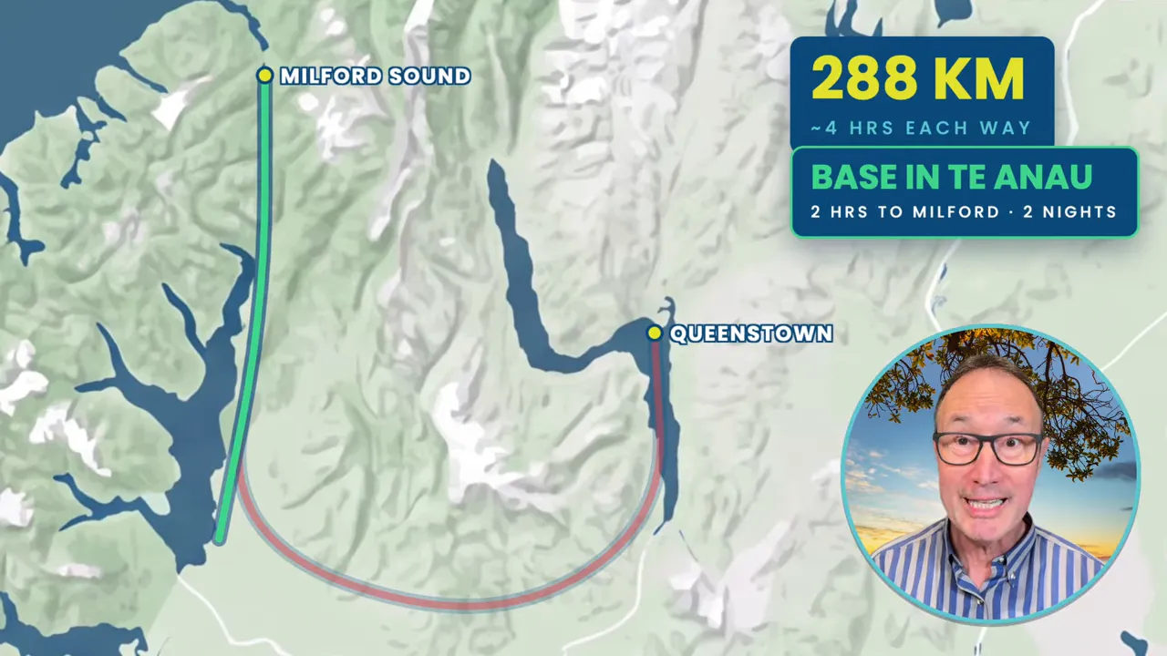 Map showing Queenstown, Milford Sound, and Te Anau with a highlighted route and advice to base in Te Anau