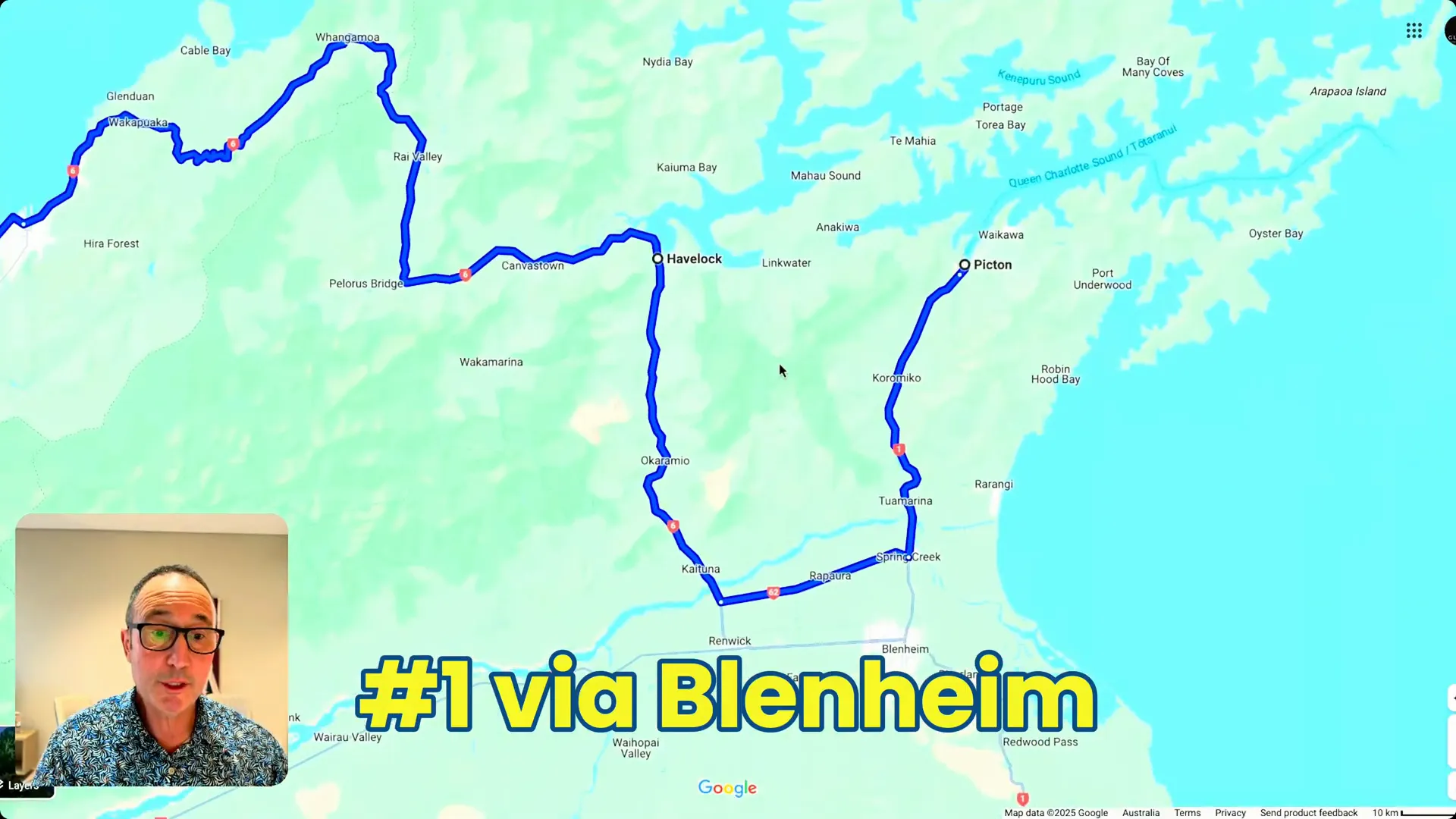 Driving route from Picton to Nelson via Blenheim on SH1 and SH6