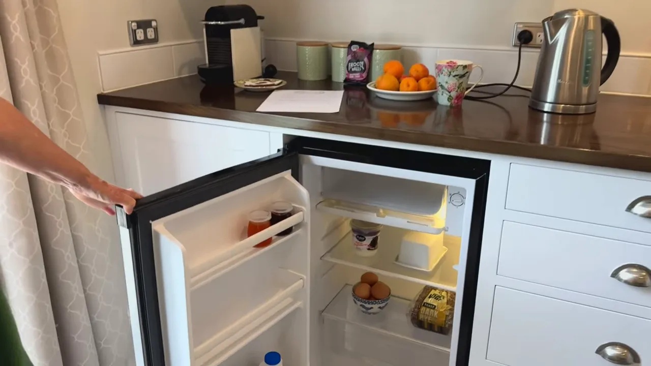 Kitchen counter with kettle, coffee machine, floral mug, plate of fruit and open minibar fridge showing eggs and yogurt