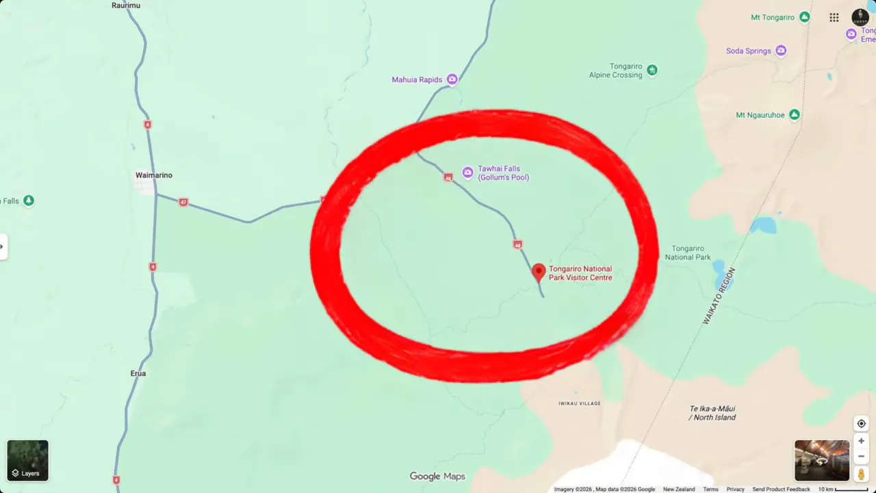 Google Maps screenshot with the Tongariro National Park Visitor Centre circled in red to highlight the Whakapapa/Waka Papa zone.