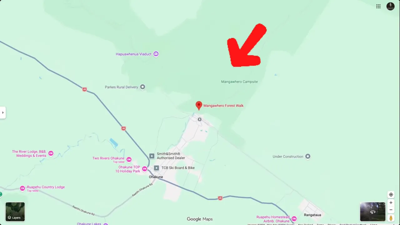 Google Maps close-up showing Mangawhero Forest Walk with red arrow pointing to location