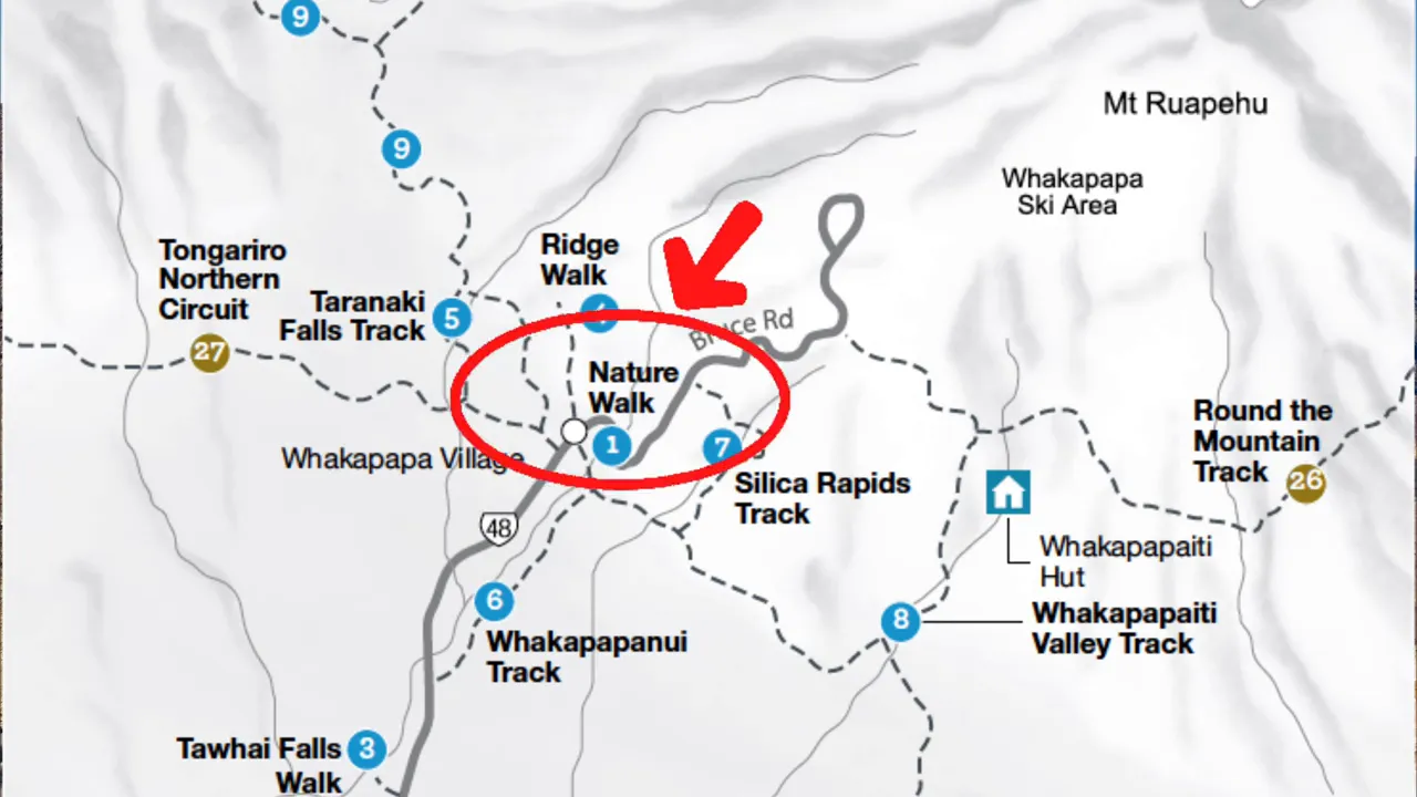 Map showing Whakapapa/Waka Papa area with Nature Walk, Ridge Walk and Taranaki Falls labelled and Nature Walk circled
