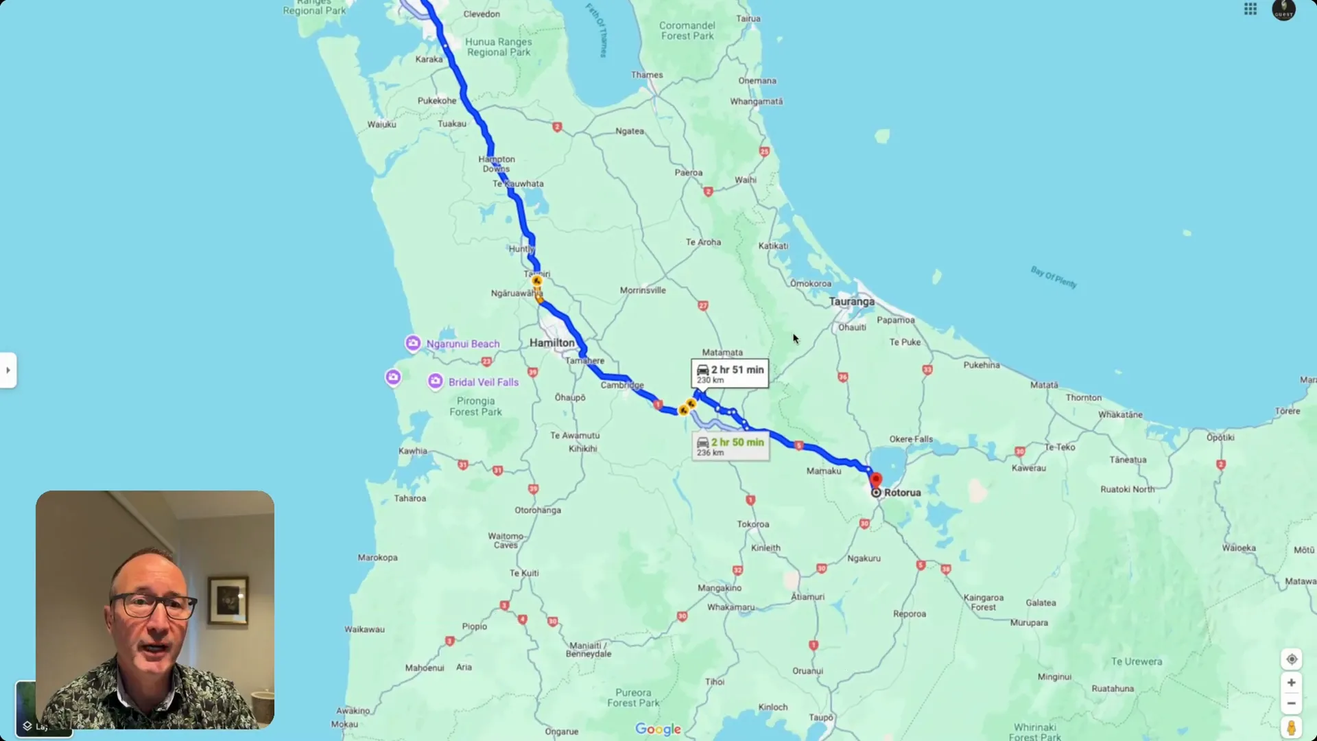 Google Maps view of direct route for auckland to rotorua drive with waitomo glowworm caves