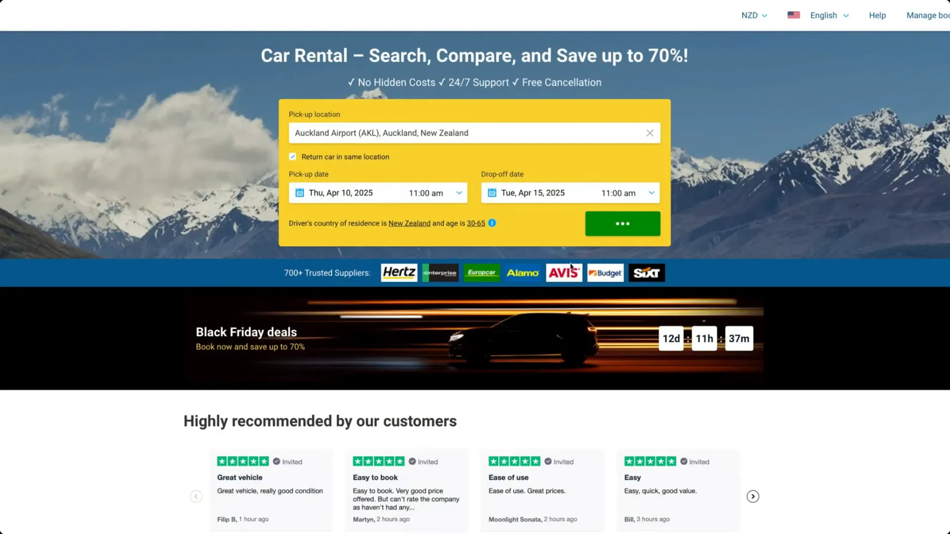 Price comparison website for rental cars