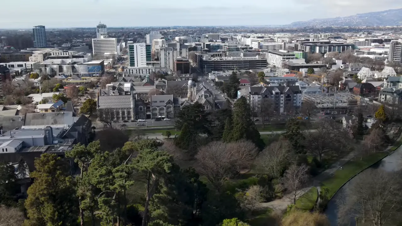 Christchurch city centre with tram and post-earthquake rebuild character