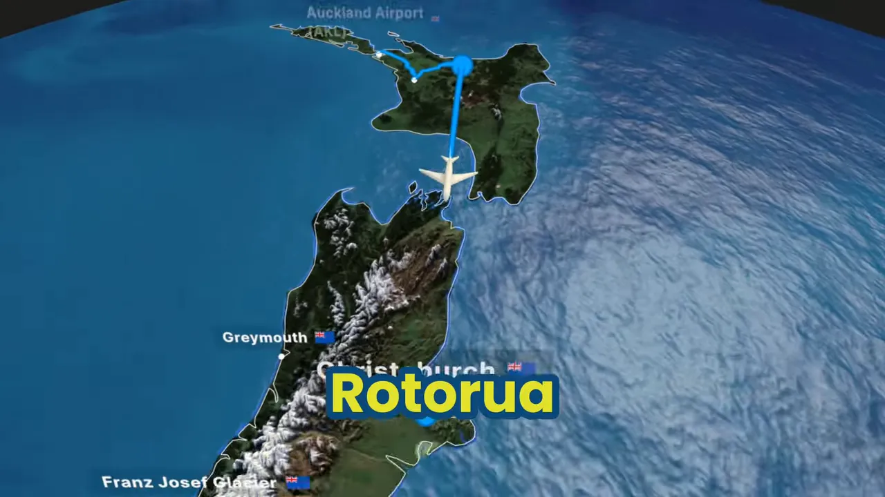 Map outline showing route from Auckland through Rotorua then Christchurch and down to Fiordland