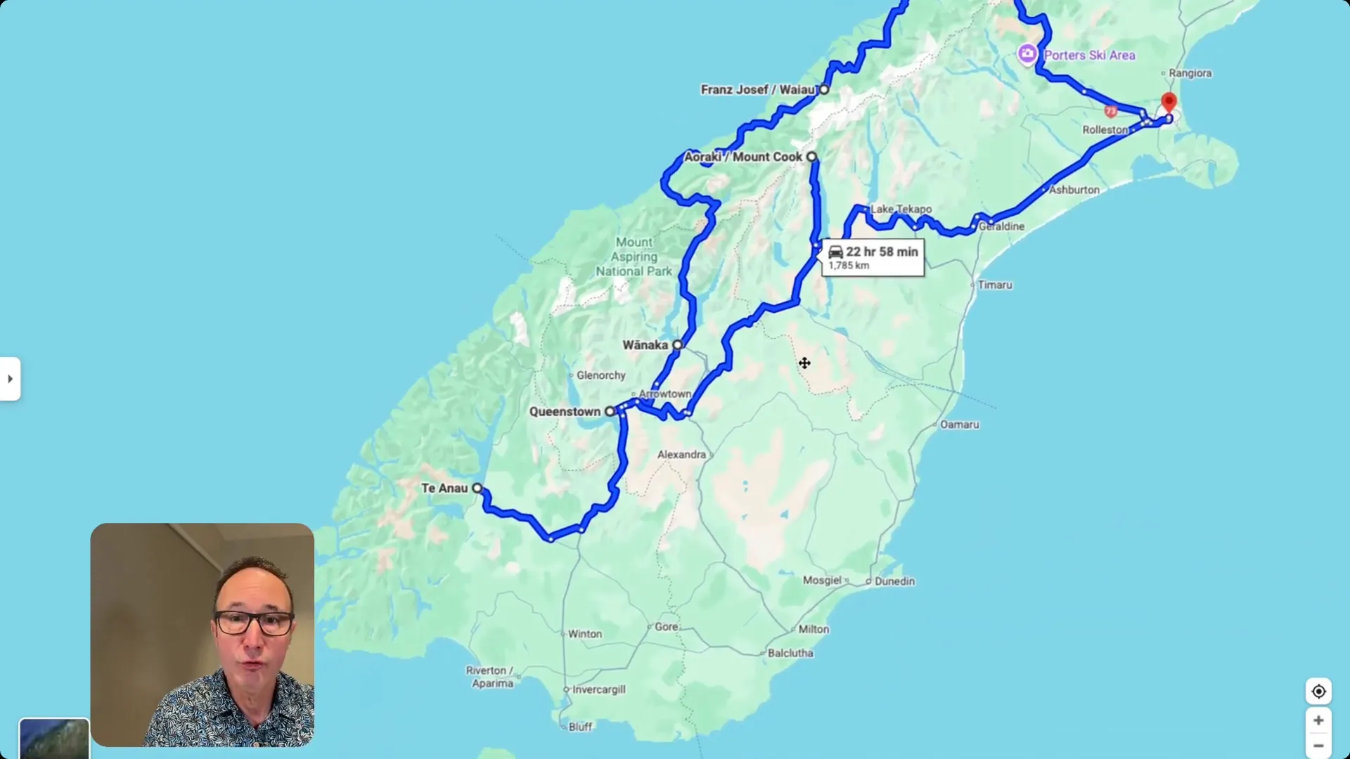 Overview map showing Christchurch, West Coast, Franz Josef, Wanaka, Te Anau, Mount Cook and return