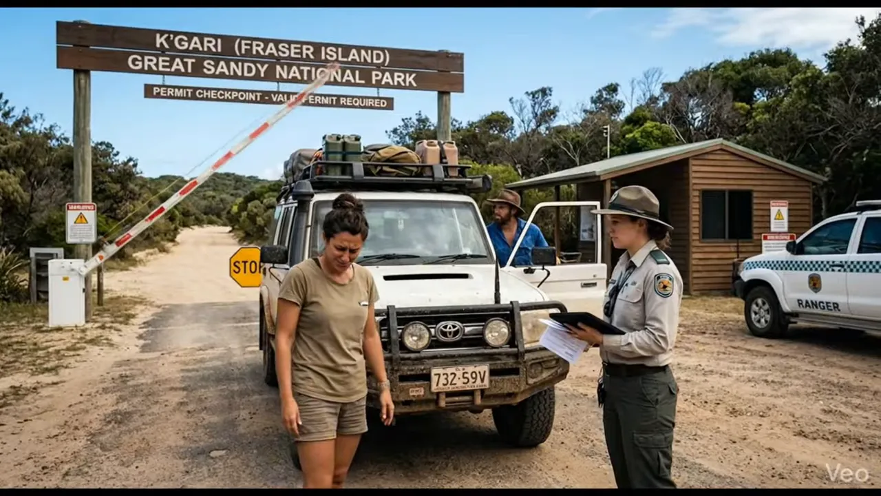Driver and ranger at the K’Gari (Fraser Island) Great Sandy National Park permit checkpoint