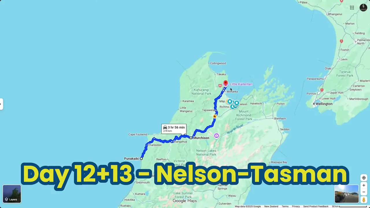 Map of Nelson‑Tasman region showing a blue driving route and on-screen label 'Day 12+13 - Nelson-Tasman'