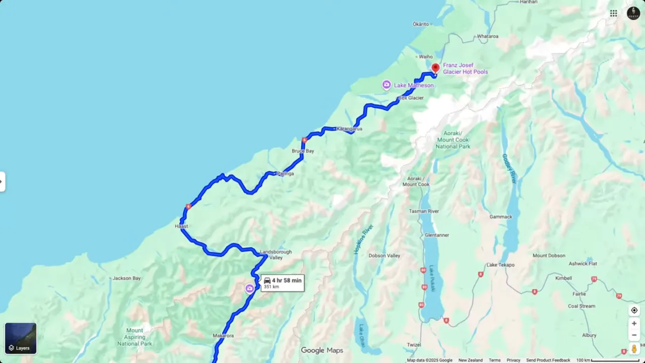 Map showing the driving route from Queenstown to Franz Josef along the West Coast via Haast and Lake Matheson