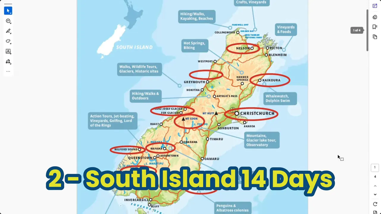 Map of New Zealand's South Island with circled locations and routes annotated, overlaid text '2 – South Island 14 Days'.