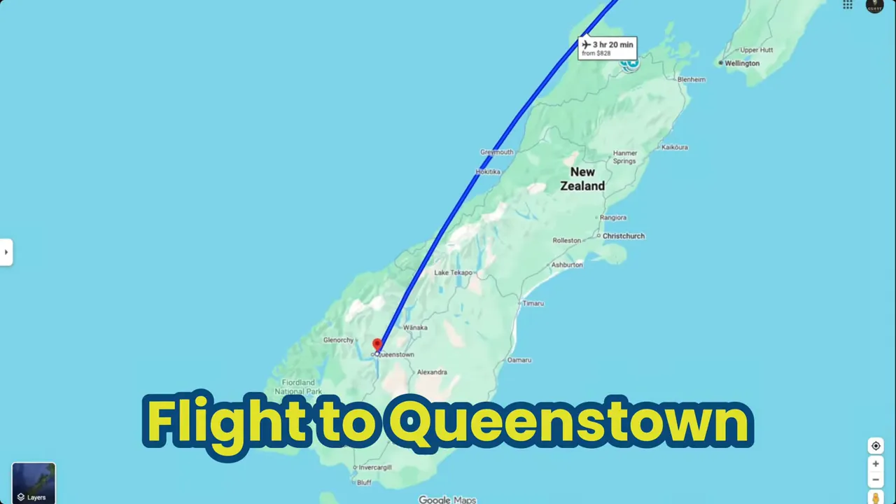 Map of New Zealand's South Island with a blue flight path to Queenstown and overlaid text 'Flight to Queenstown'