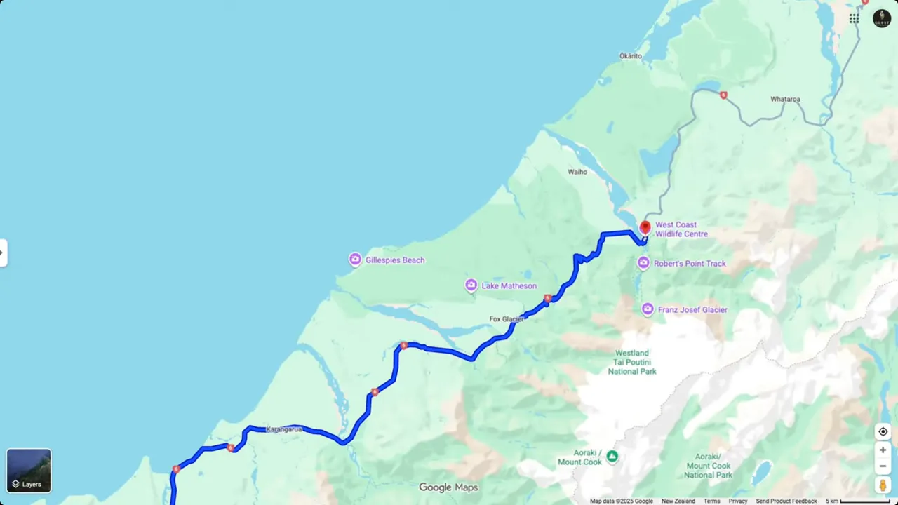 Google Maps close-up showing the West Coast driving route to Franz Josef with labels for Lake Matheson, Fox Glacier and West Coast Wildlife Centre