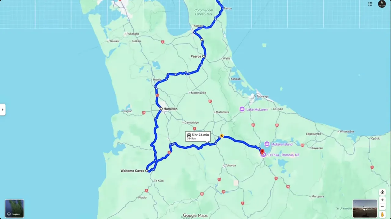 Map showing driving route from Coromandel through Waitomo Caves to Rotorua with travel time