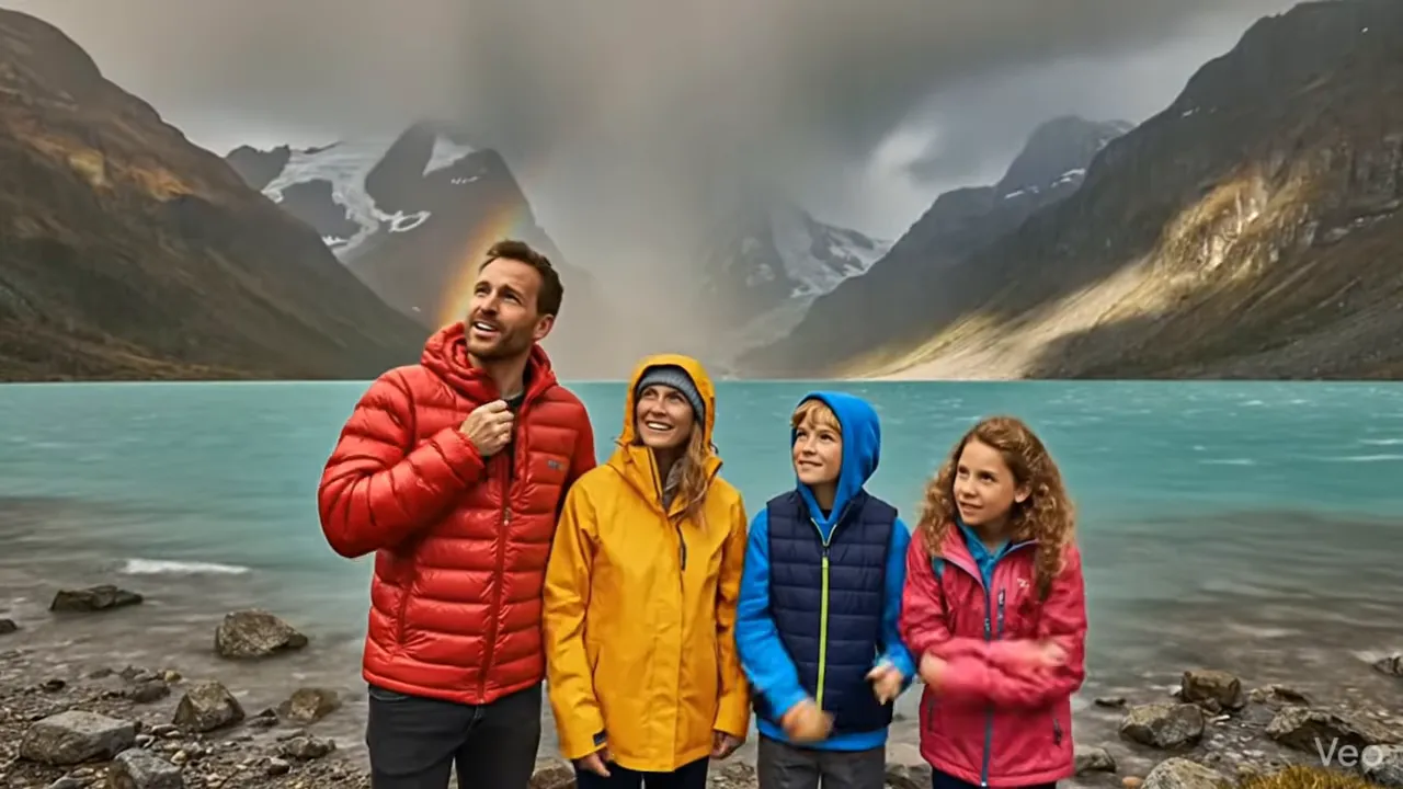 People outdoors in rain jackets with mountains and turquoise lake/ocean background in New Zealand