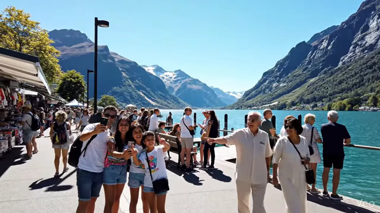 Crowded waterfront promenade in the New Zealand summer season with mountains in the background