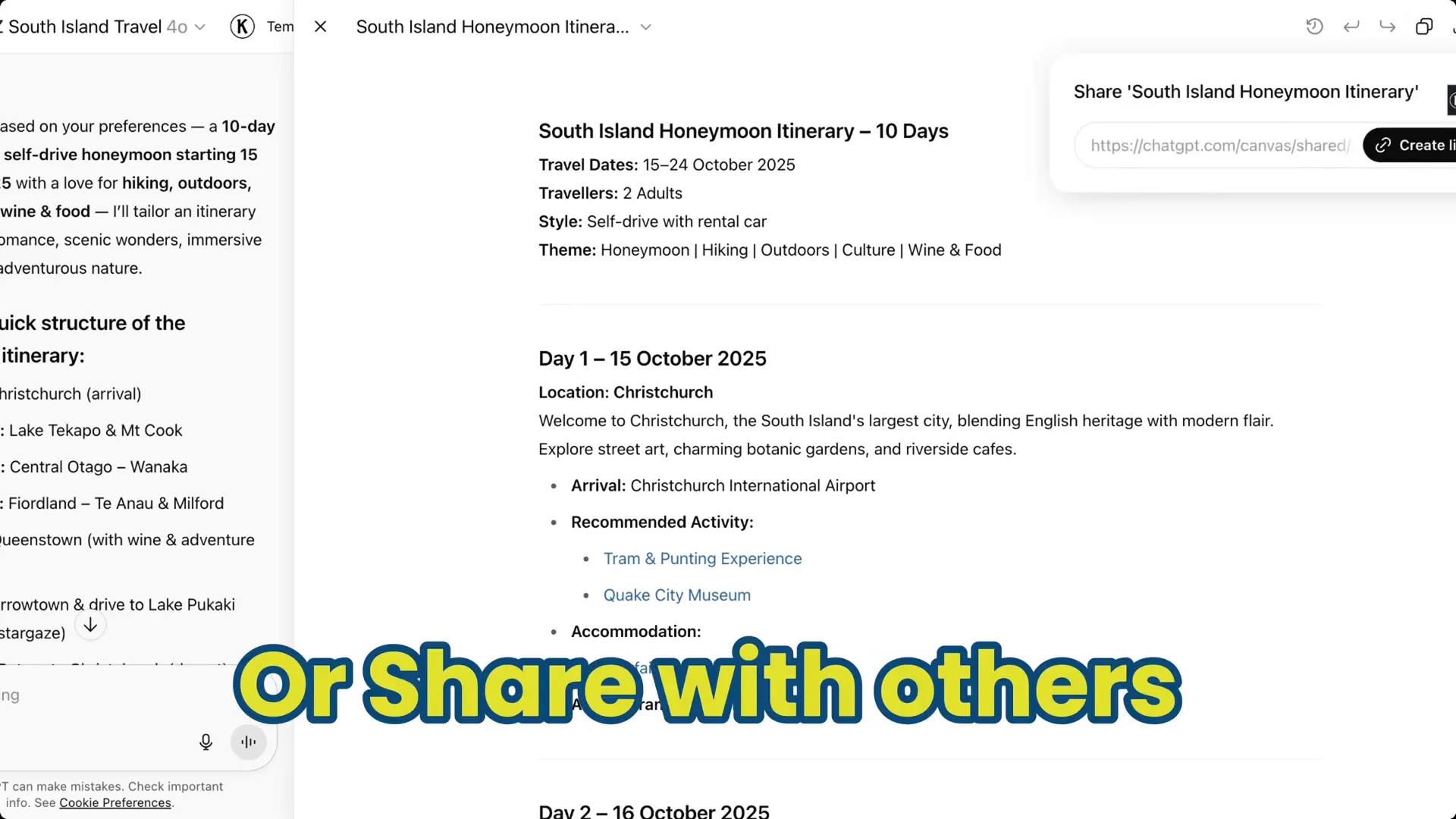 Options to copy or download itinerary