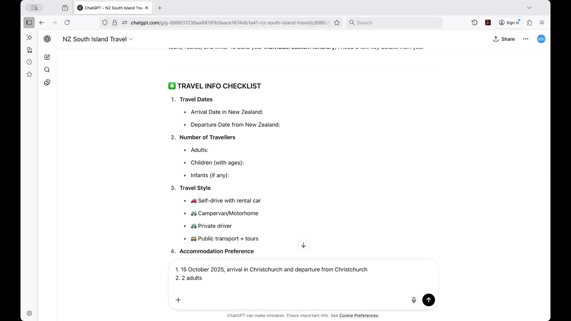 Example of answering travel dates and duration question