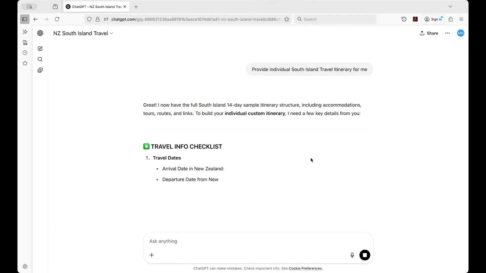 Starting the South Island itinerary prompt