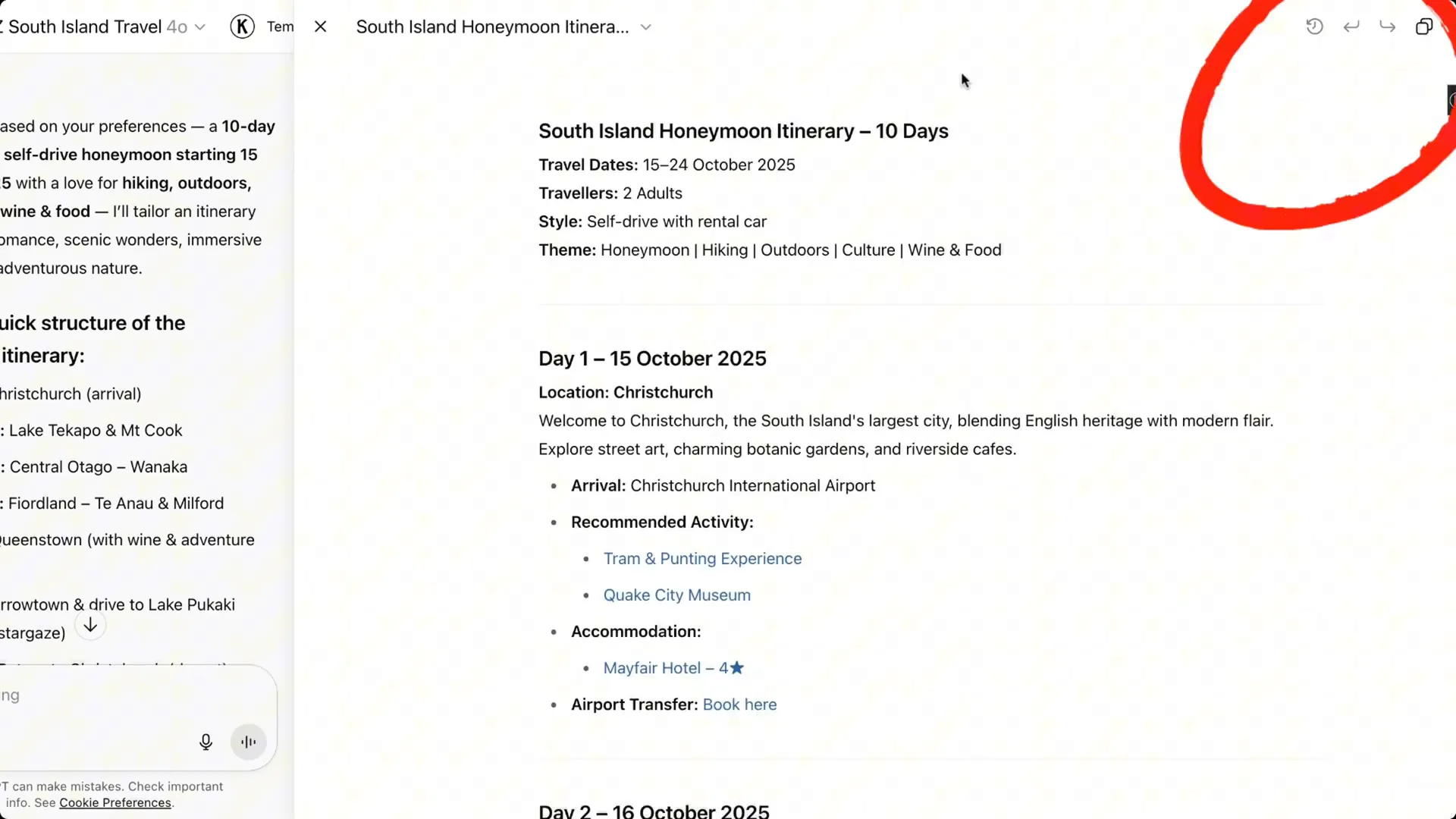 Sample detailed itinerary generated by custom chat GPT
