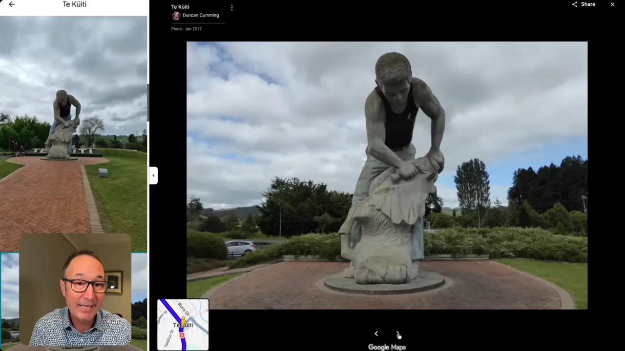 Front view of the Te Kuiti shearer statue in its plaza (Google Maps Street View) with a small presenter inset in the corner.