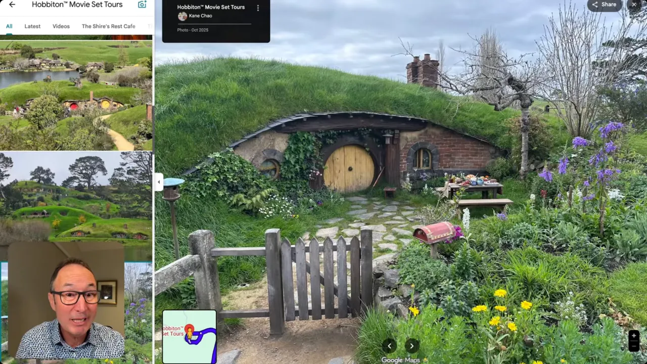 Close-up of a Hobbiton hobbit-hole with round yellow door and cottage garden
