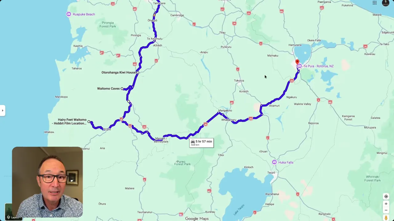 Clear Google Maps screenshot of SH30 scenic drive into Rotorua with minimal presenter inset