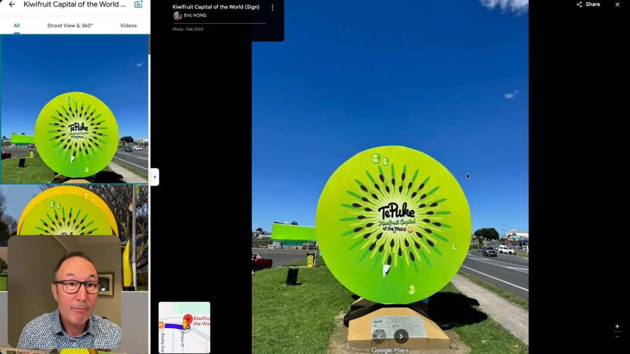 Te Puke kiwifruit capital roadside sign under a blue sky