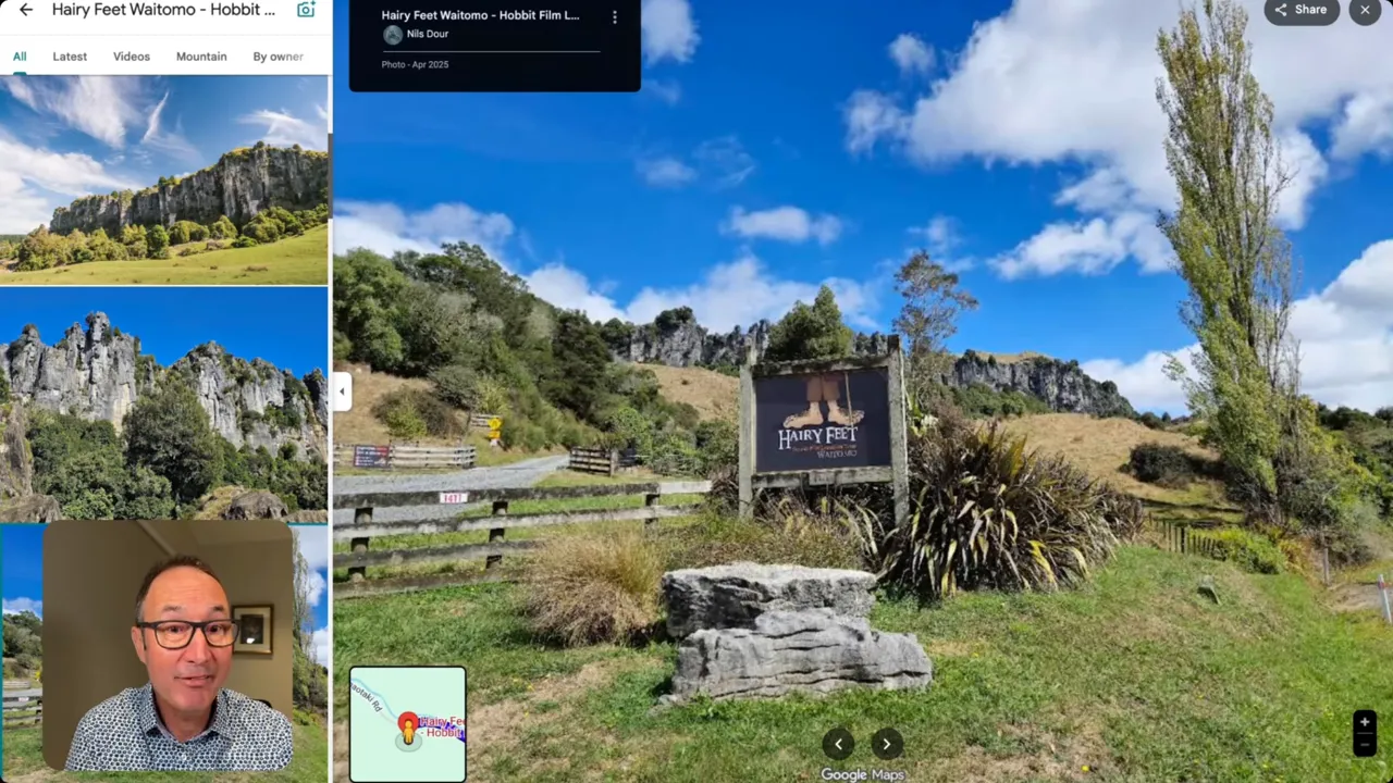 Hairy Feet Tours wooden sign at farm entrance with limestone cliffs behind