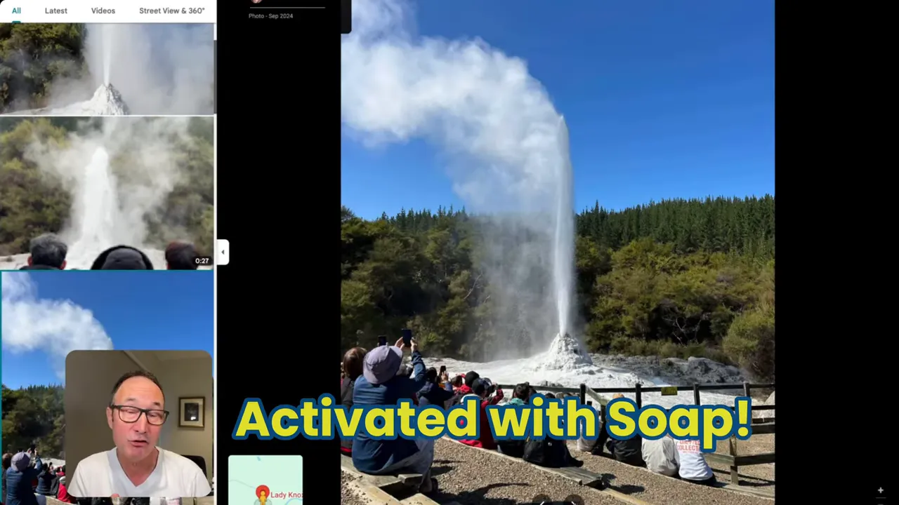 Lady Knox Geyser erupting with spectators watching and on-screen text 'Activated with Soap!'