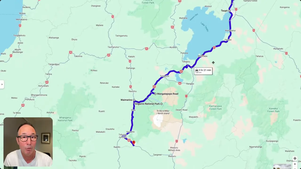 Clear map screenshot showing Lake Taupo and the driving route to Tongariro National Park