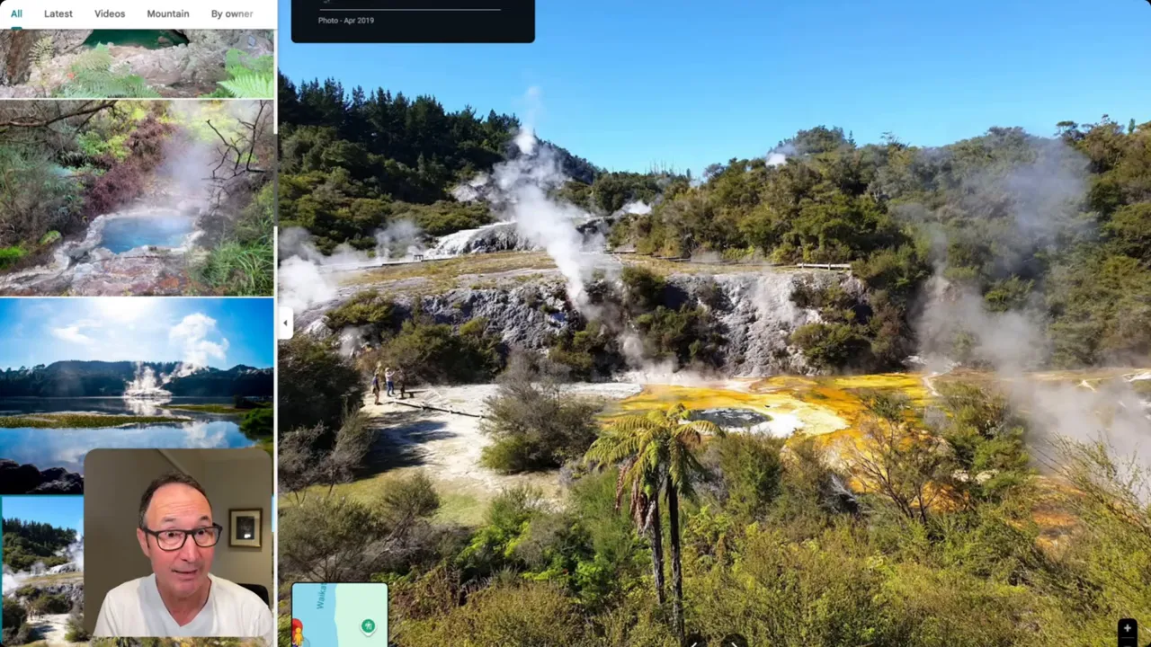 Silica terraces and steaming fumaroles with boardwalks at Orakei Korako geothermal park