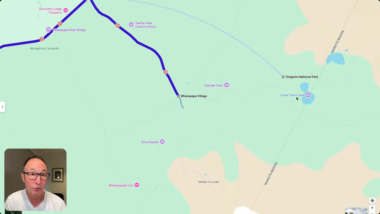 Map showing Whakapapa Village, Lower Tama Lake and Tongariro National Park with the main access road.