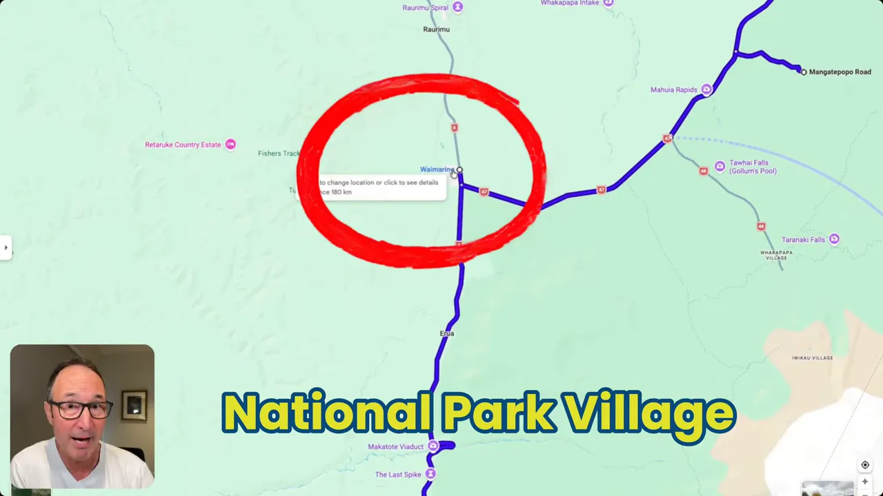 Map screenshot highlighting National Park Village and nearby road junctions