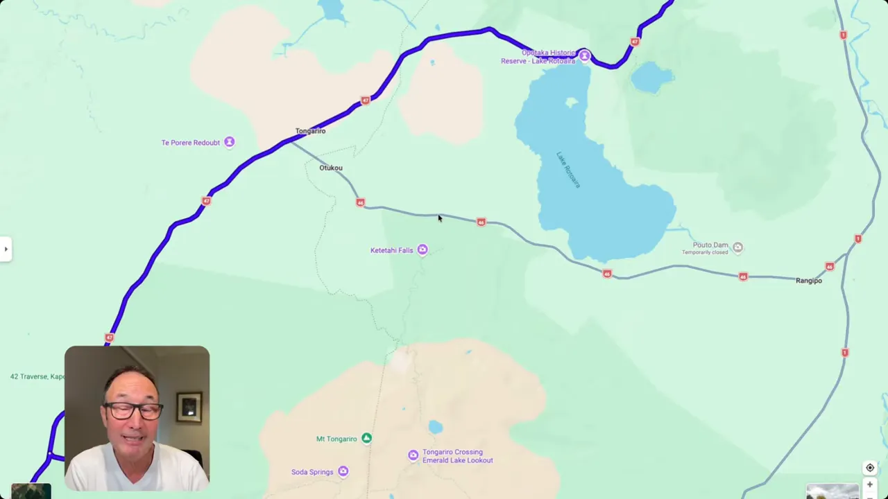 High-clarity map of the Rotorua to Tongariro area showing Tongariro Crossing, Emerald Lake Lookout and surrounding roads, with a small presenter inset.