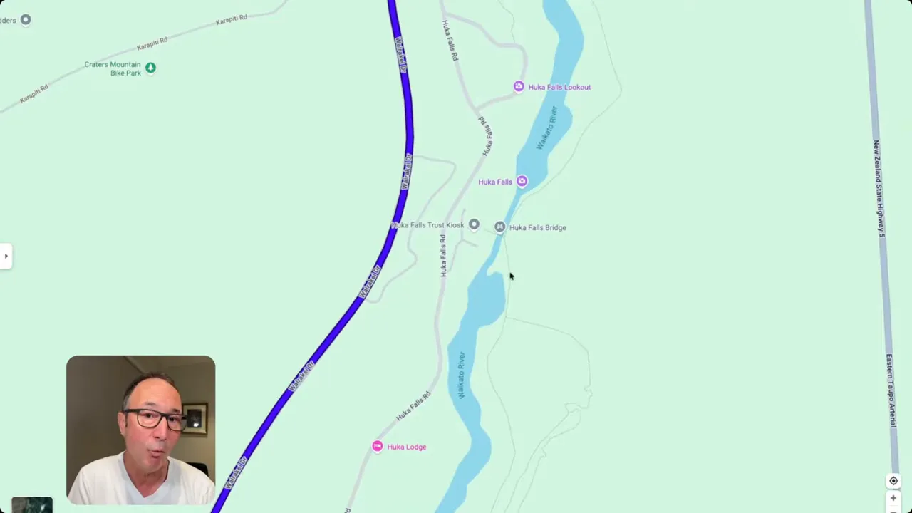 Detailed map of Huka Falls area including Huka Falls Lookout, Huka Falls Bridge, Huka Lodge and surrounding roads