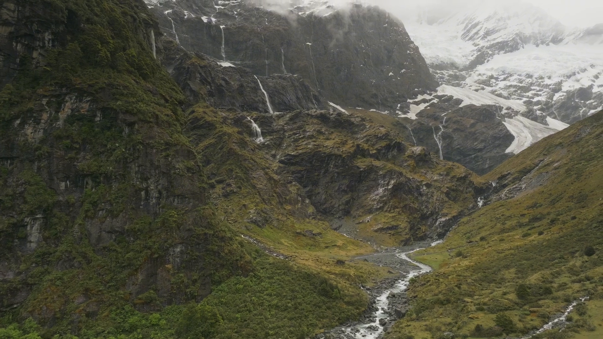 rob roy glaciers handing into the valley near wanaka