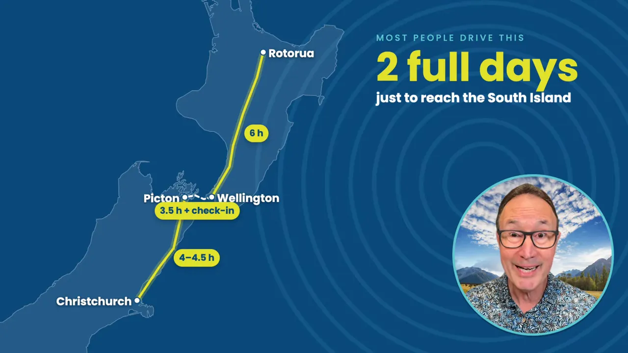 Map showing the Rotorua to Wellington drive, Cook Strait ferry and Picton to Christchurch drive
