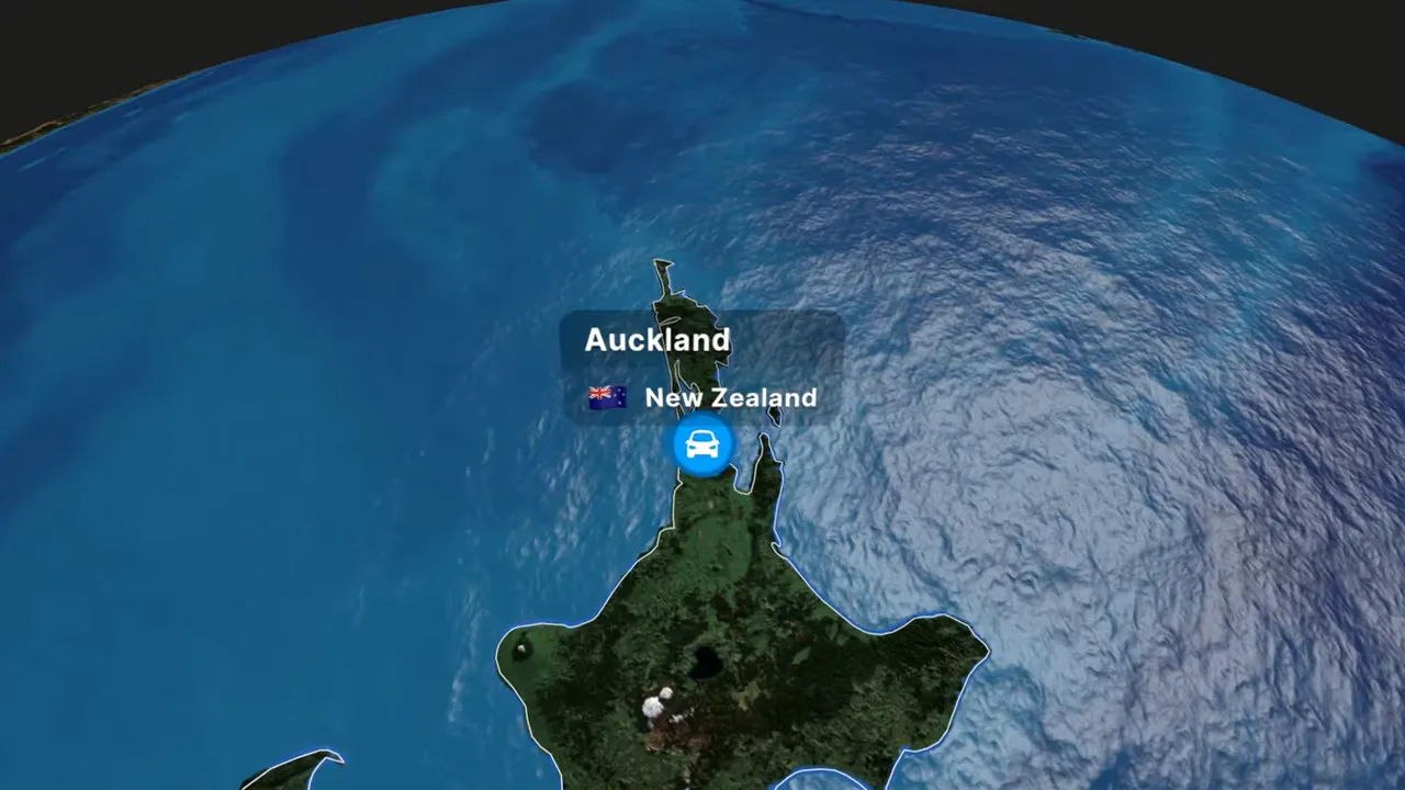 Satellite map view of the top of New Zealand's North Island with Auckland labeled