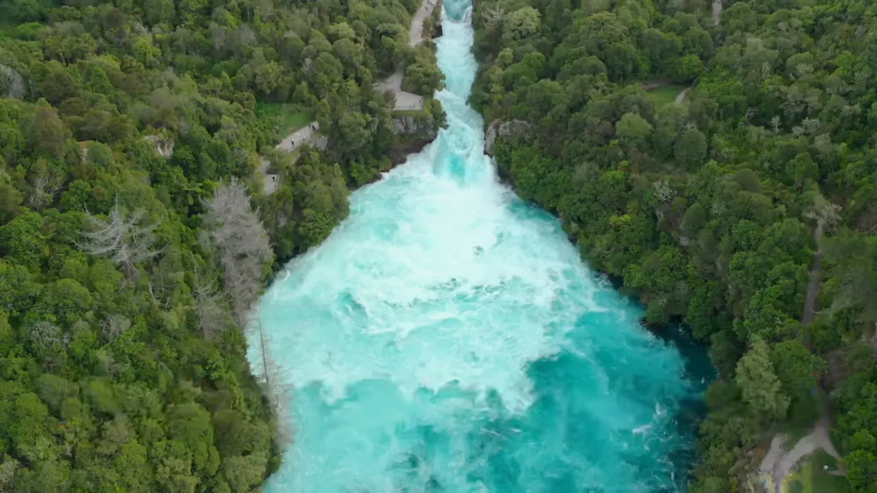 Aerial view of vivid turquoise rapids cutting through dense native forest with walking paths visible at the edges.