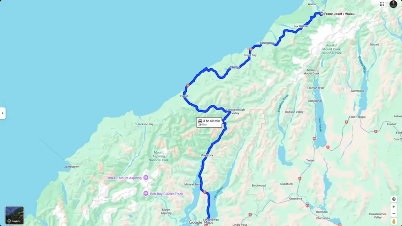 Scenic West Coast road with alpine and forest views heading towards the glaciers