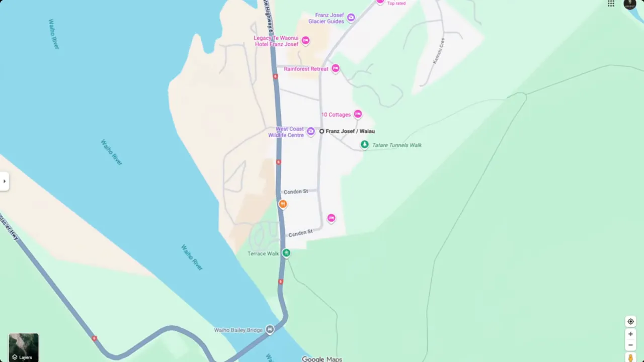 Franz Josef village with more buildings and activity operators