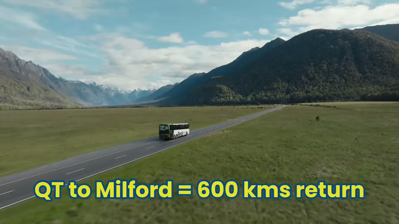 Bus on a highway with text overlay showing QT to Milford Sound equals 600 km return