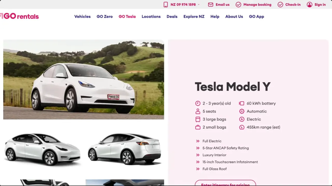 Tesla Model Y rental details showing battery and estimated range, plus exterior views