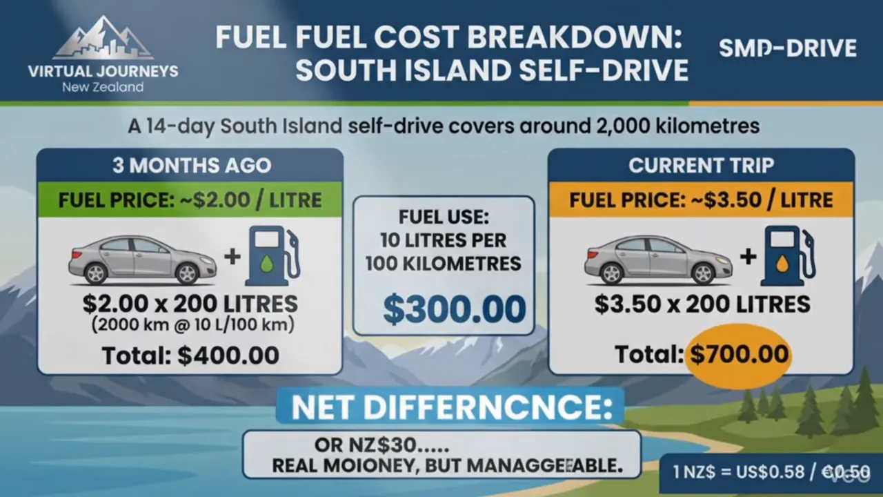 Infographic net difference in fuel cost for a 14-day South Island self-drive: $2.00 vs $3.50 per litre