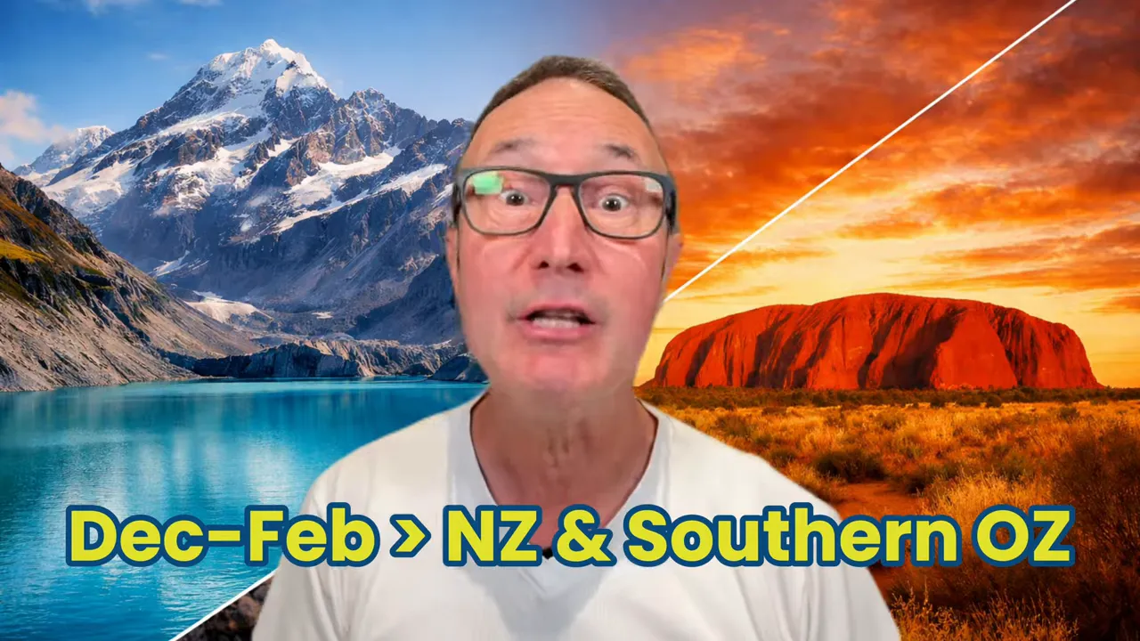 Presenter overlaid on a split NZ alpine lake and Australian red-rock scene with bold on-screen text 'Dec–Feb > NZ & Southern OZ'.