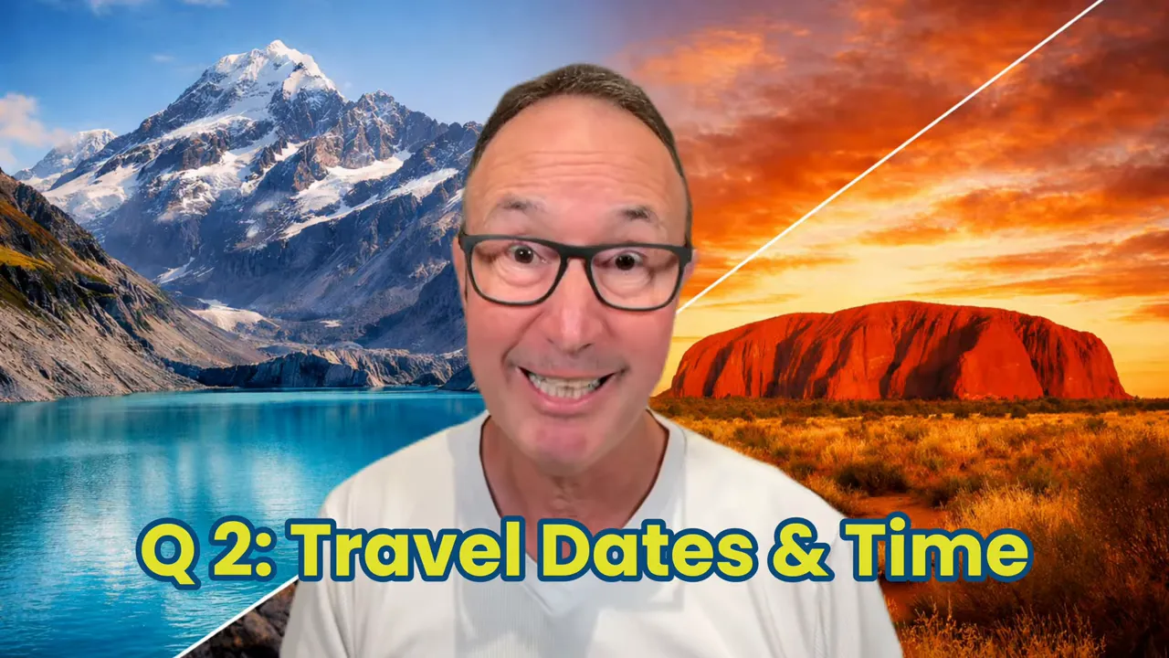Clear slide showing the host with a split NZ mountain and Australian outback background and bold text 'Q 2: Travel Dates & Time'.