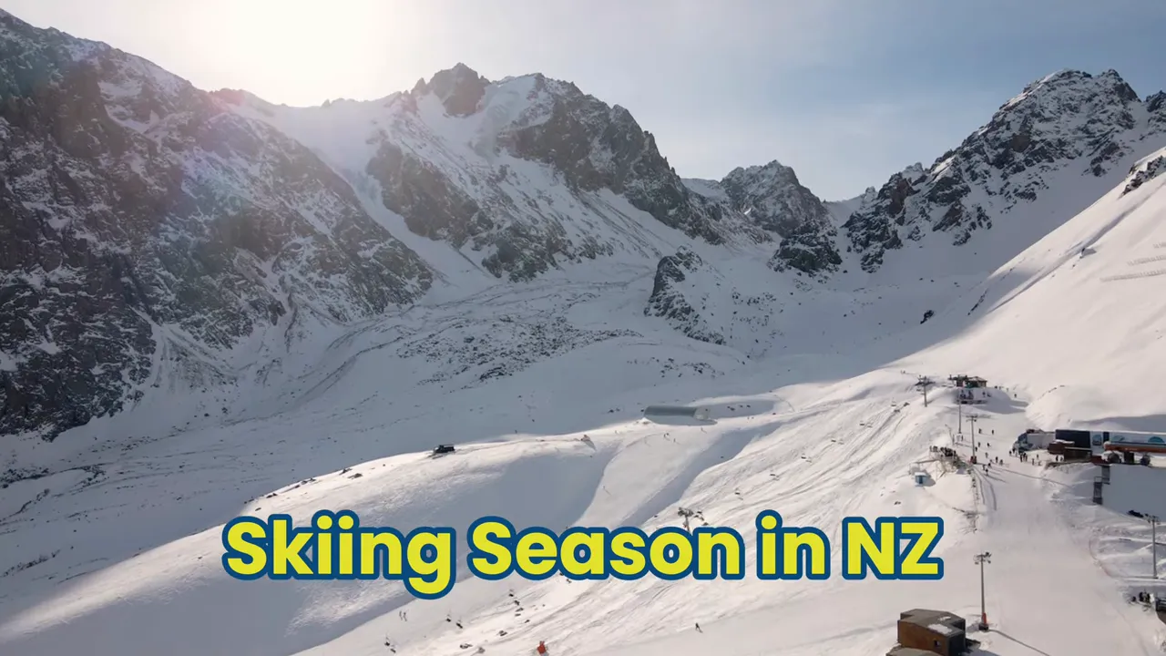 Snow-covered ski area in New Zealand with lifts and steep mountain faces and text 'Skiing Season in NZ'