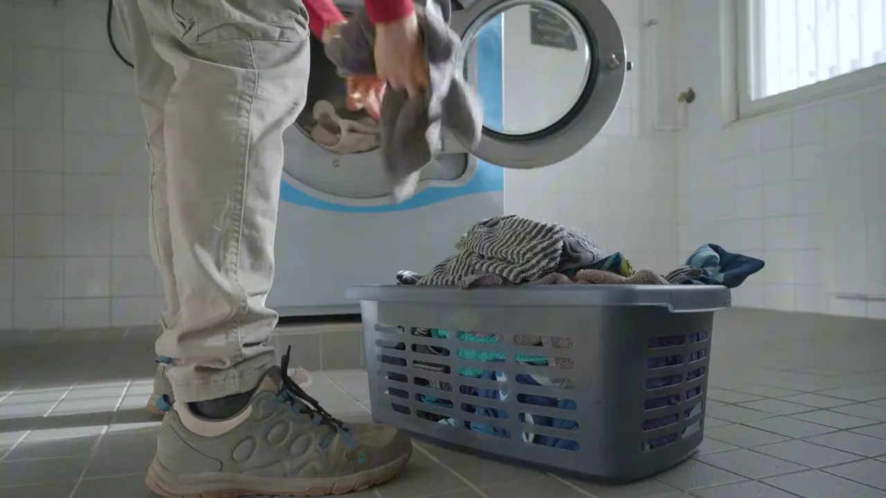 Laundry machines in a hostel or small hotel laundry room